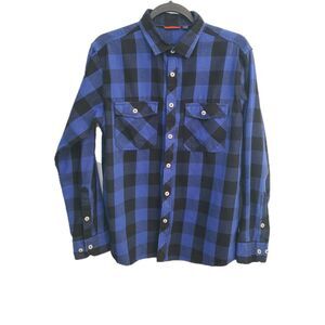 Design in Italy Mens M Flannel Shirt Blue Black Plaid Buffalo Check Grunge Y2K